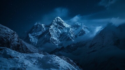 The mystical and remote Kangchenjunga, bathed in moonlight in the Eastern Himalayas. The snow-covered peaks shimmer under the soft glow, creating a scene of unparalleled beauty and tranquility.