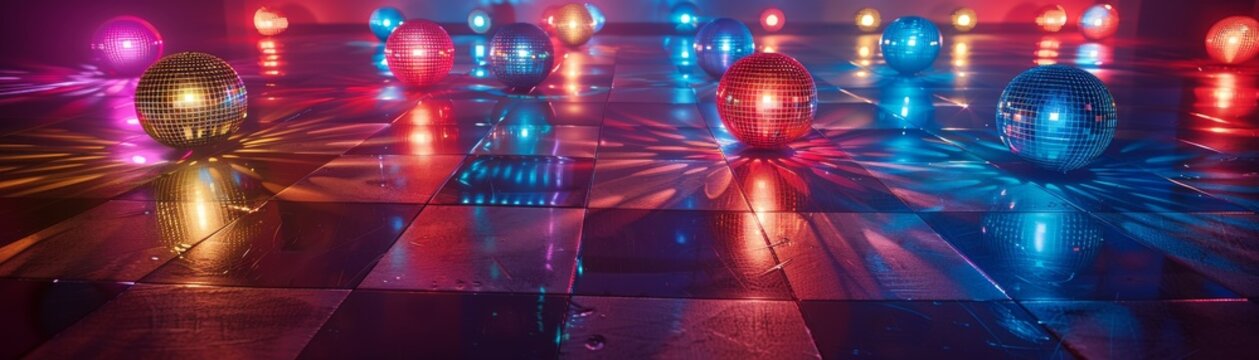Disco revival, vibrant dance floor with mirror balls, capturing the essence of the 70s with a modern twist