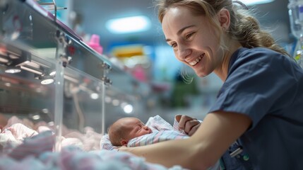 a neonatal nurse caring for newborns in a hospital nursery, capturing the beginning of life care