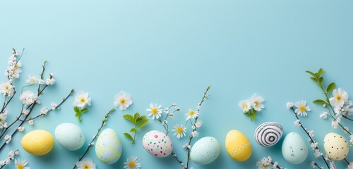 Easter eggs, flowers, paper blank on pastel blue background - obrazy, fototapety, plakaty