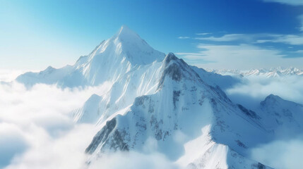 Obraz premium Close up of majestic snowy mountain top above cloud with fog in background of blue sky. Winter concept of nature and landscape.