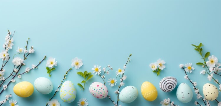 Easter eggs, flowers, paper blank on pastel blue background