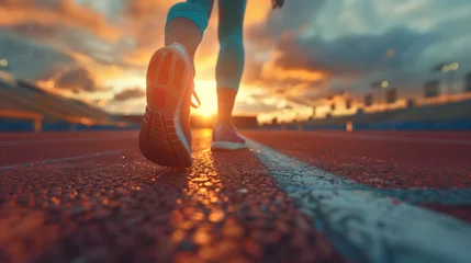 Poster Athlete legs and shoes close up at sport stadium, sunset, running race track at athletic arena, active person lifestyle, cinematic photo © DjelicN