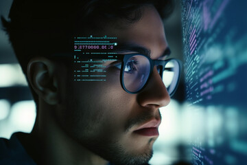 Closeup, code reflection in glasses and man learning cyber security, cloud computing or software update. Male programmer, IT specialist or coder develop system, connect internet or coding information - obrazy, fototapety, plakaty