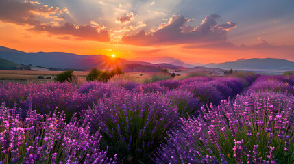 lavender field at sunset,
Sunset over a violet lavender field