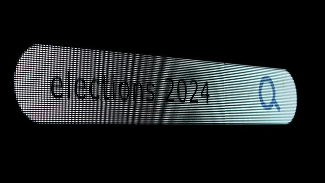 Shot of monitor screen. Pixel screen with animated search bar, keywords elections 2024 typed in, browser bar with magnifying glass text headline.