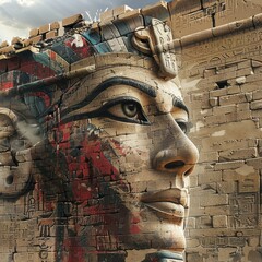 Digital art graffiti transforming ancient Egyptian monuments, a blend of epochs