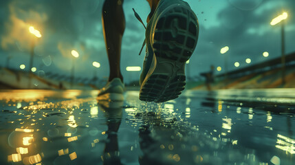 Athlete legs and shoes close up at sport stadium, running in the rain, running race track at athletic arena, active person lifestyle, cinematic photo - obrazy, fototapety, plakaty