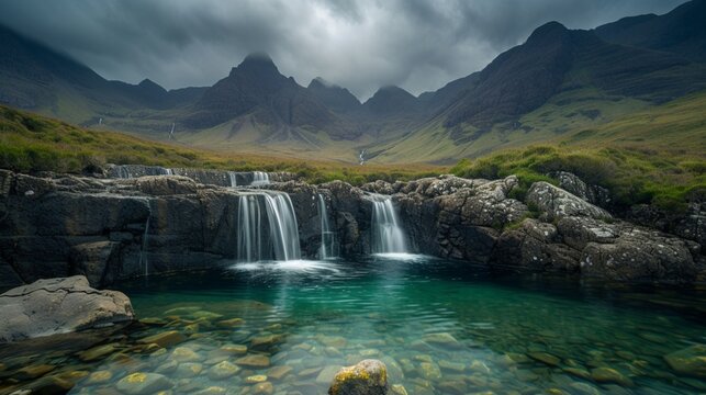 The surreal landscape of Fairy Pools in the Isle of Skye, Scotland, where crystal-clear pools of water are surrounded by dramatic mountains and moody skies. 