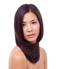 Fototapeta premium Woman, portrait and cosmetics for hairstyle in studio, beauty and pride for keratin hair treatment. Asian female person, grooming and shampoo for wellness on white background, dermatology and care