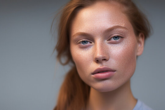 Closeup studio shot of a beautiful young woman with freckles skin posing against a grey background