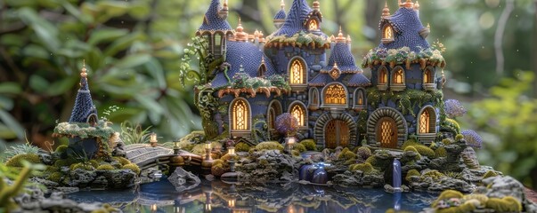 3D-printed enchantment castle, cyber guardians, mystical aura