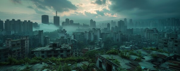 Dystopian future city, remnants of civilization, warning tale