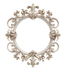 Beige round frame has an intricate pattern and floral motifs isolated on transparent background