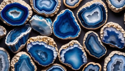 Multitude of blue agate geodes on a table 