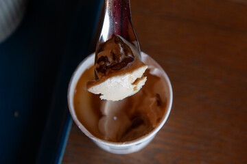 Close-up of the ice cream on the spoon