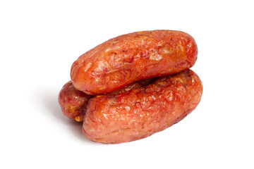 Fried meat sausages on a white background. Freshly fried meat sausages.