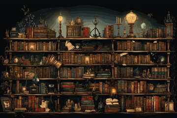 Old library or bookshop with many books on shelves as wallpaper background illustration - obrazy, fototapety, plakaty