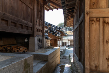 the corridor between the old traditional Korean budildings