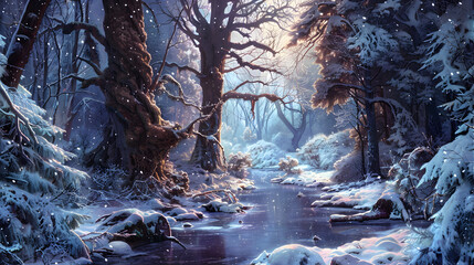 winter forest in the morning,
Precise rendering of a snowy forest in winter - obrazy, fototapety, plakaty