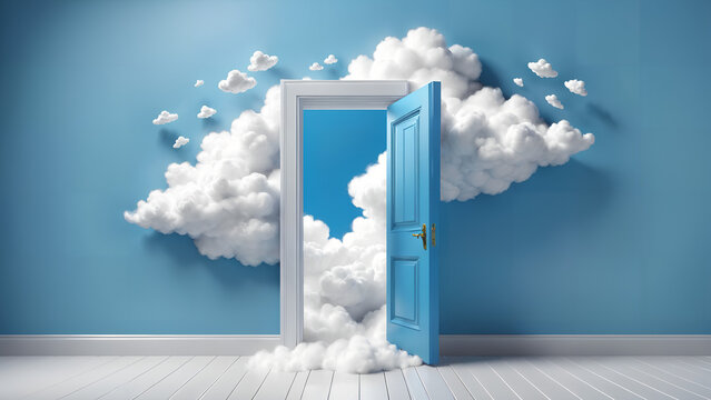 white fluffy clouds flying out the blue door
