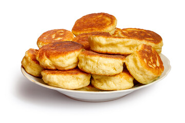 Plate with thick homemade pancakes on white background. Freshly baked homemade cakes.