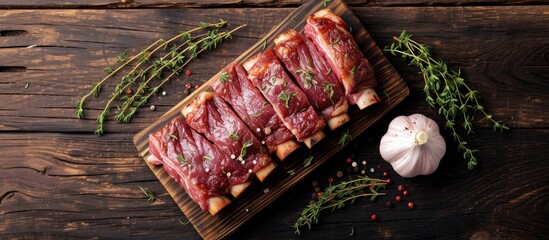 A wooden cutting board is topped with slices of meat, showcasing raw ribs seasoned with thyme and garlic. The meat is ready for cooking or grilling.