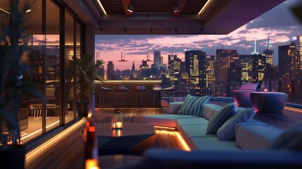 A modern rooftop lounge with sleek, contemporary furniture, a sleek bar, and panoramic views of the city skyline illuminated against the night sky.