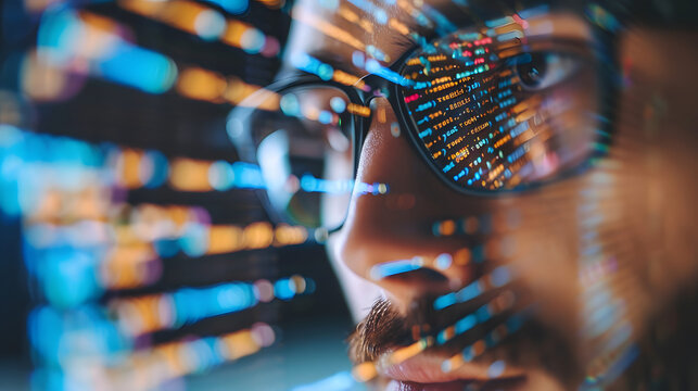 Focused developer coder looking at programming code data cyber security digital tech reflecting in spectacles developing software program,
