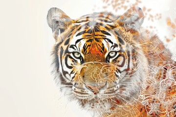 A tiger overlaid with the intricate patterns of a mandala design in a double exposure