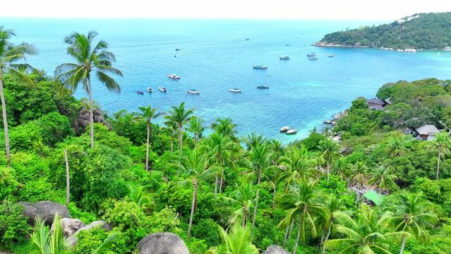 Koh Tao, Thailand, boasts crystal-clear waters, vibrant coral reefs, and lush jungles, perfect for diving and snorkeling adventures. Aerial view from drone. Stock footage. Tropical sea background. 4K.