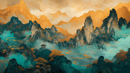 Chinese classical mural picture of thousands of rivers and mountains cloisonné background illustration
