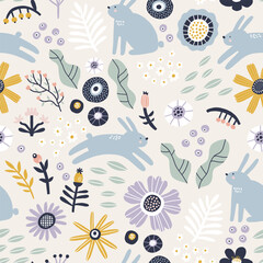 Seamless pattern with hand drawn Spring flowers, leaves and bunny