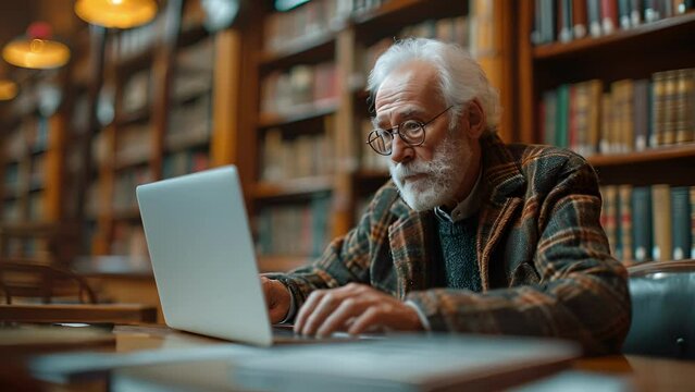Sitting at a table in the library an elderly man intently watching a webinar on his laptop eager to broaden his technological horizons.