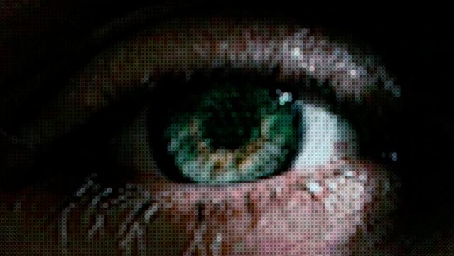 Macro shot of human eye background video. Adult person macro of open eye footage looking directly at camera from digital pixel screen.