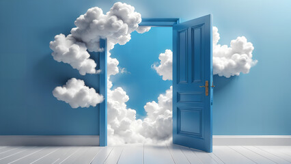 white fluffy clouds flying out the blue door