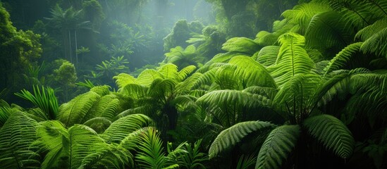 This photo showcases a lush green forest filled with an abundance of tropical fern trees, capturing the breathtaking natural beauty of the surroundings. - obrazy, fototapety, plakaty