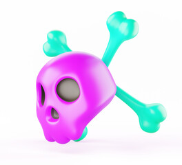 3d colorful skull with crossbones isolated on white background. Warning danger sign in shape of human skeleton face. Pirate symbol jolly roger. Cartoon render icon for game, halloween. 3D illustration