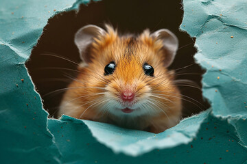 Brown hamster peeks out of a hole in torn paper close-up. - obrazy, fototapety, plakaty