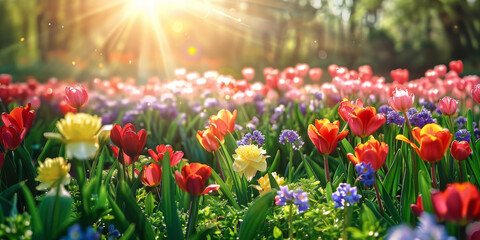  colorful flowers blooming in the sun, red blue yellow purple tulips flower in park. banner background - obrazy, fototapety, plakaty