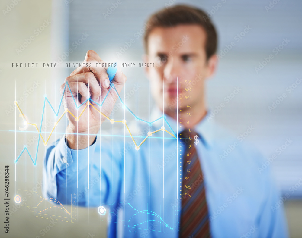 Poster Abstract, hologram and businessman writing on graphs for software technology with information. Futuristic, career and professional finance analyst planning investment statistics with 3d chart display