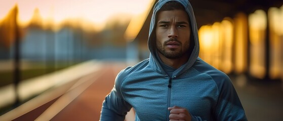 Athletic male in grey training hoodie doing cardio at sports stadium. Young athlete running on...