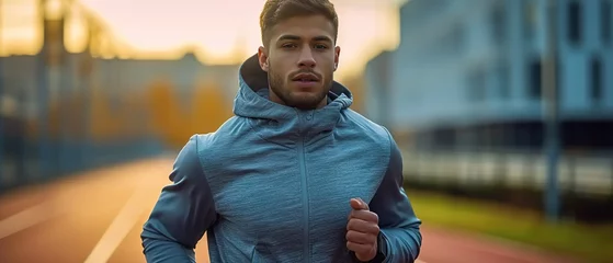 Deurstickers Athletic young college athlete running on track. Athletic man jogging in grey sweater. © Danyilo