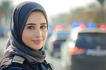 Arab woman wearing police officer uniform, patrol car background