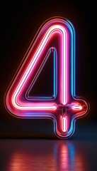 Neon number four on dark background. Glowing neon sign number four with copy space. Vertical image.