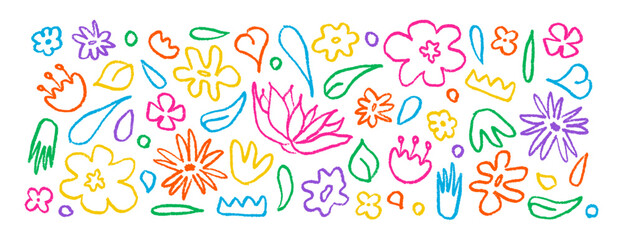 Fototapeta na wymiar Set hand drawn in bright color brush linear flowers. Abstract modern background with plants