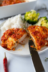 Healthy low fat and high protein meal with chicken breast, paprika sauce, rice and broccoli on a plate