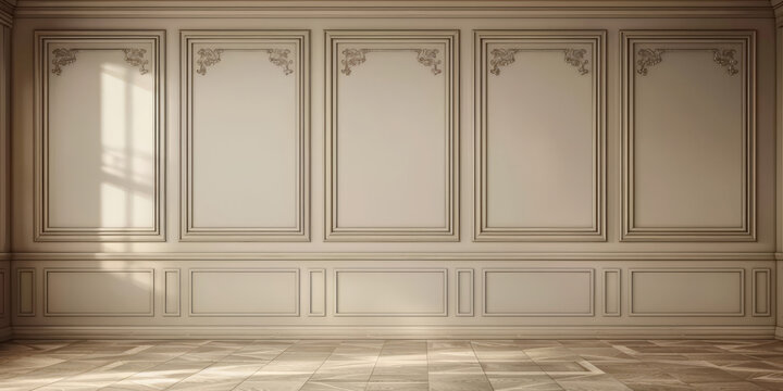 empty room with white wood wall panels background with wooden floor,Luxury wood paneling background or texture. highly crafted classic or traditional wood paneling, with a frame pattern, 