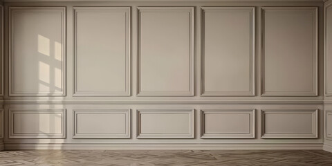 empty room with white wood wall panels background with wooden floor,Luxury wood paneling background or texture. highly crafted classic or traditional wood paneling, with a frame pattern, 
