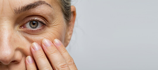Cropped woman face with fingers under eye with wrinkles showing aging - obrazy, fototapety, plakaty